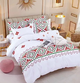 Set Lenjerie de pat 2 Persoane din Bumbac Tip Finet, cu Elastic, 6 Piese - Traditional Red  Green