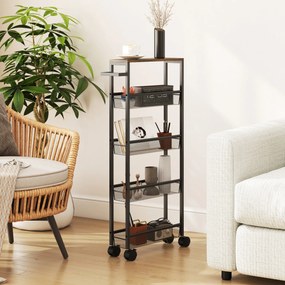 HOMCOM Cărucior de bucătărie cu 4 roți, cărucior de depozitare cu roți, blat cu aspect de lemn, structură metalică, 47x13x96,5 cm, negru | Aosom Romania