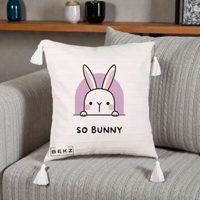 Perna Decorativa So Bunny Kawaii, 40x40 cm, Bej cu Franjuri, Husa Detasabila, Perna Inclusa, BEKZ®
