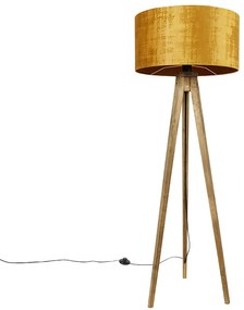 Lampă de podea vintage rustică cu trepied din lemn cu abajur auriu 50 cm - Tripod Classic