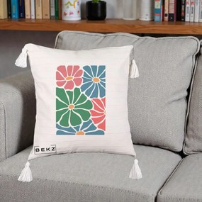 Perna Decorativa Flori Grafice Verde-Roz-Albastru, 40x40 cm, Bej cu Franjuri, Husa Detasabila, Perna Inclusa, BEKZ®