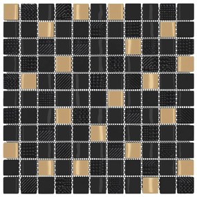 Placi mozaic, 11 buc., negru si auriu, 30x30 cm, sticla 11, Negru si auriu