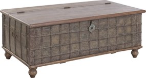 Cufăr vintage din lemn reciclat și metal, natur, cu feronerie în relief și picioare rotunde, finisaj patinat, 52 x 127 x 66 cm, „Lamanon”