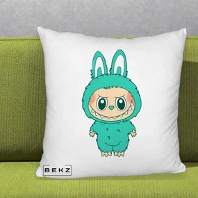Perna Personalizata Labubu Turcoaz, 40x40 cm, Alb Pufos, Husa Detasabila, Perna Inclusa, BEKZ®