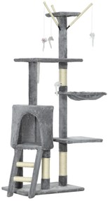 PawHut Turelă pentru pisici cu căsuță, stâlp de ascuțit gheare, platforme și 4 șoricei, din lemn, pluș și sisal, 50x35x134.2 cm, gri | Aosom Romania