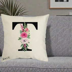 Cadou Personalizat - Perna Personalizata Monograma Florala Litera T, 40x40 cm, Ecru, Husa Detasabila, Perna Inclusa, BEKZ®