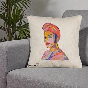Perna Decorativa Portret Femeie Africana, 40x40 cm, Bej Canapea, Husa Detasabila, Perna Inclusa, BEKZ®
