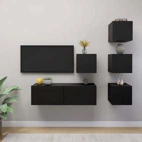 Set dulap TV, 5 piese, negru, PAL 1, Negru, 100 x 30 x 30 cm