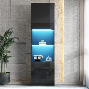 Vitrină lucioasă cu iluminare LED, 1 raft de sticlă, 45x35x160 cm, Negru