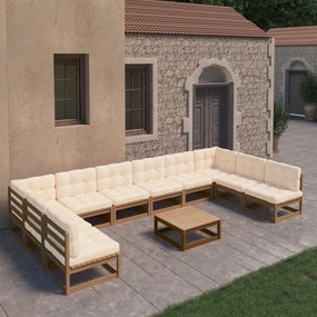 3077212 vidaXL Set mobilier grădină cu perne, 11 piese, maro, lemn masiv pin