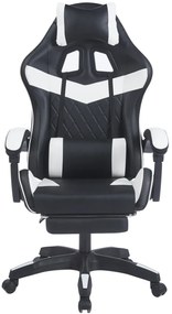 Scaun gaming, sistem iluminare bandă LED RGB, masaj în perna lombară, suport picioare, Negru/Alb