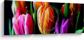 Tablou -Lalele pe fond negru (cu ceas) (90x30 cm)