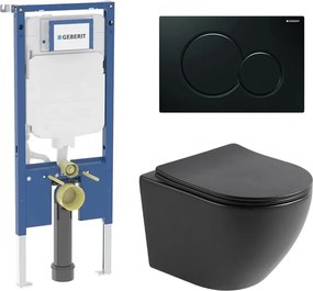 Set rezervor incastrat Geberit Duofix cu sistem de prindere, clapeta neagra Sigma01 plus vas WC suspendat Rune Ivaldi cu capac softclose