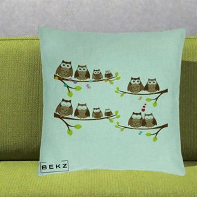 Perna Decorativa Familie de Bufnite pe Ramuri, 40x40 cm, Verde Menta, Husa Detasabila, Perna Inclusa, BEKZ®