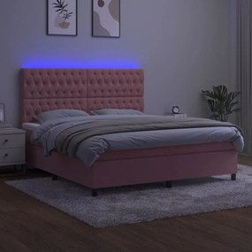 Pat continental cu saltea  LED, roz, 120x200 cm, catifea Roz, 160 x 200 cm, Design cu nasturi