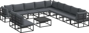 vidaXL Set de canapele pentru grădină cu pernă 12 pcs Negru Aluminiu