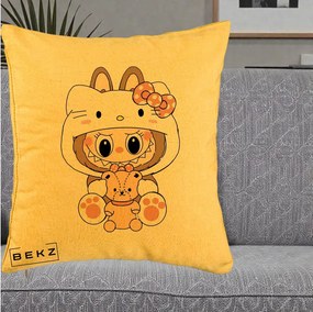 Perna Personalizata Labubu x Hello Kitty, 40x40 cm, Galben, Husa Detasabila, Perna Inclusa, BEKZ®