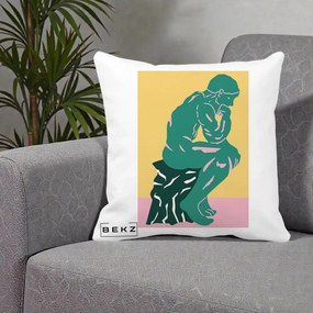 Perna Decorativa Ganditorul Sculptura Pop Art, 40x40 cm, Alba Mata, Husa Detasabila, Perna Inclusa, BEKZ®