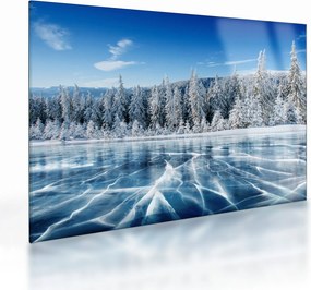 Tablou pe sticlă cu lacul înghețat și copacii înzăpeziți (70x50 cm)