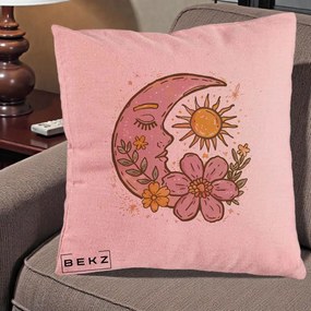 Perna Personalizata Luna si Soare Floral Boho, 40x40 cm, Roz, Husa Detasabila, Perna Inclusa, BEKZ®