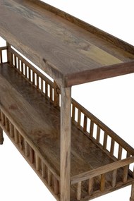 Consolă hol eclectică din lemn de mango, natur, cu raft jos cu balustradă, blat cu bordură și 6 picioare, 80 x 168 x 43 cm, „Sali”