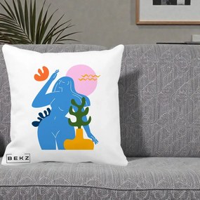 Perna Decorativa Femeie Albastra Cactus, 40x40 cm, Alba Mata, Husa Detasabila, Perna Inclusa, BEKZ®