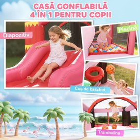 AIYAPLAY Castel Gonflabil pentru Copii 4 în 1, Tobogan, Trambulină, Piscină cu Bile, Coș de Baschet, Mingi de Baschet, Tematică Flamingo, Ventilator, Geantă de Transport, Interior Exterior, 255x230x196cm, Roz | Aosom Romania