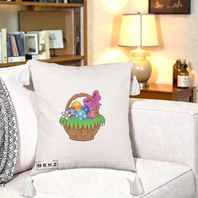 Perna Decorativa Cos cu Oua de Pasti Colorat, 40x40 cm, Bej cu Franjuri, Husa Detasabila, Perna Inclusa, BEKZ®