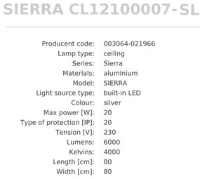 Plafoniera LED moderna SIERRA argintiu, 80x80cm