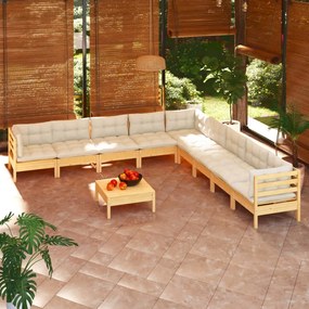 Set mobilier gradina cu perne crem, 10 piese, lemn masiv de pin