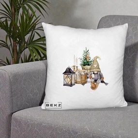 Perna Decorativa Gnom Scandinav cu Felinar, 40x40 cm, Alb Pufos, Husa Detasabila, Perna Inclusa, BEKZ®