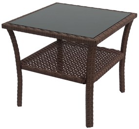 Outsunny Masă auxiliară din rășină împletită cu 2 nivele 50x50x45cm, masă de cafea pentru grădină pătrată cu blat de sticlă securizat, maro | Aosom Romania