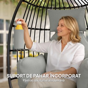 Scaun Suspendat Outsunny în Formă de Ou Fără Suport, Pliabil, cu Pernă Moale și Tetieră, Suport Pahar, Capacitate 120 kg, Gri Închis | Aosom Romania
