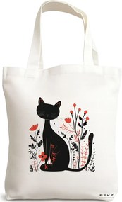 Sacosa de Panza pentru Cumparaturi, Geanta Tote, model Cat and Flowers 11, 38 x 34.5 cm, Alba, BEKZ®