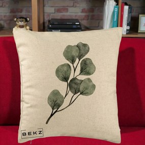 Perna Decorativa Ramura Eucalipt Acuarela, 40x40 cm, Bej, Husa Detasabila, Perna Inclusa, BEKZ®