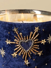 Set 2 lumânări decorative din sticlă și catifea albastră, brodate cu inimi și stele aurii, finisaj catifelat, 12 x 13 cm, „Nuit”