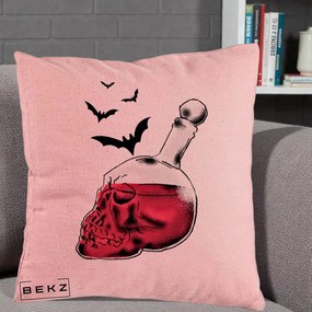 Perna Decorativa Halloween Craniu-Sticla cu Lilieci, 40x40 cm, Roz, Husa Detasabila, Perna Inclusa, BEKZ®