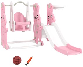 AIYAPLAY Tobogan și leagăn pentru copii 4 în 1 cu coș de baschet, tobogan, leagăn, 147,5x160x107cm, roz | Aosom Romania