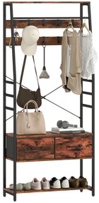 HOMCOM Mobilier de intrare 6 în 1 cuier bară pentru haine raft 2 sertare 10 cârlige 80 x 30 x 180 cm maro rustic | Aosom Romania