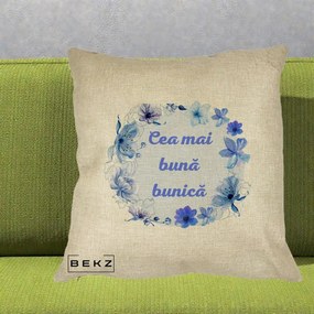 Cadou pentru Bunica - Perna Personalizata Cea Mai Buna Bunica Coronita Flori Albastre Acuarela, 40x40 cm, Crem, Husa Detasabila, Perna Inclusa, BEKZ®