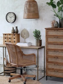 Scaun de birou, din lemn de mesteacan si rattan, cu spatar inalt, natur, cu aspect vintage