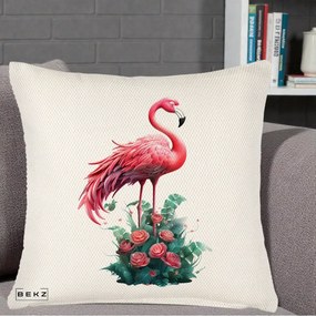 Perna Decorativa Flamingo cu Trandafiri Tropicali, 40x40 cm, Crem Reliefat, Husa Detasabila, Perna Inclusa, BEKZ®