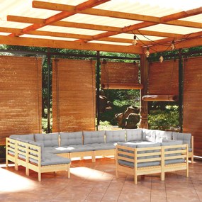 3097210 vidaXL Set mobilier grădină cu perne, 11 piese, gri, lemn masiv pin