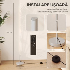 HOMCOM Lampă de Podea LED Reglabilă cu Telecomandă de 150cm Înălțime, Argintiu | Aosom Romania