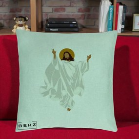 Perna Decorativa Iisus Hristos Invierea Silueta Minimalista, 40x40 cm, Verde Menta, Husa Detasabila, Perna Inclusa, BEKZ®