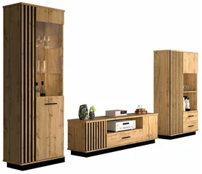 Set camera de zi Ogden J114Negru, Wotan stejar, Cu componente suplimentare, Părți separate, Cu comodă TV, PAL laminat, Sticlă călită, MDF, 194x40cm, 145 kg