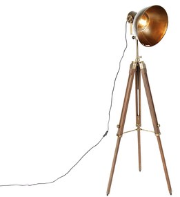 Lampa de podea trepied industrial bronz cu lemn - Mango