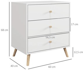 HOMCOM Comodă 3 sertare Design scandinav Mobilier de Depozitare Camera MDF Alb mânere picioare conice Lemn Masiv de pin | Aosom Romania