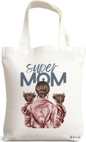 Sacosa de Panza pentru Cumparaturi, Geanta Tote, model Super Mom of Girls, 38x34.5 cm, Alba, BEKZ®
