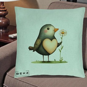 Perna Decorativa Pasare cu Inima si Margareta, 40x40 cm, Verde Menta, Husa Detasabila, Perna Inclusa, BEKZ®